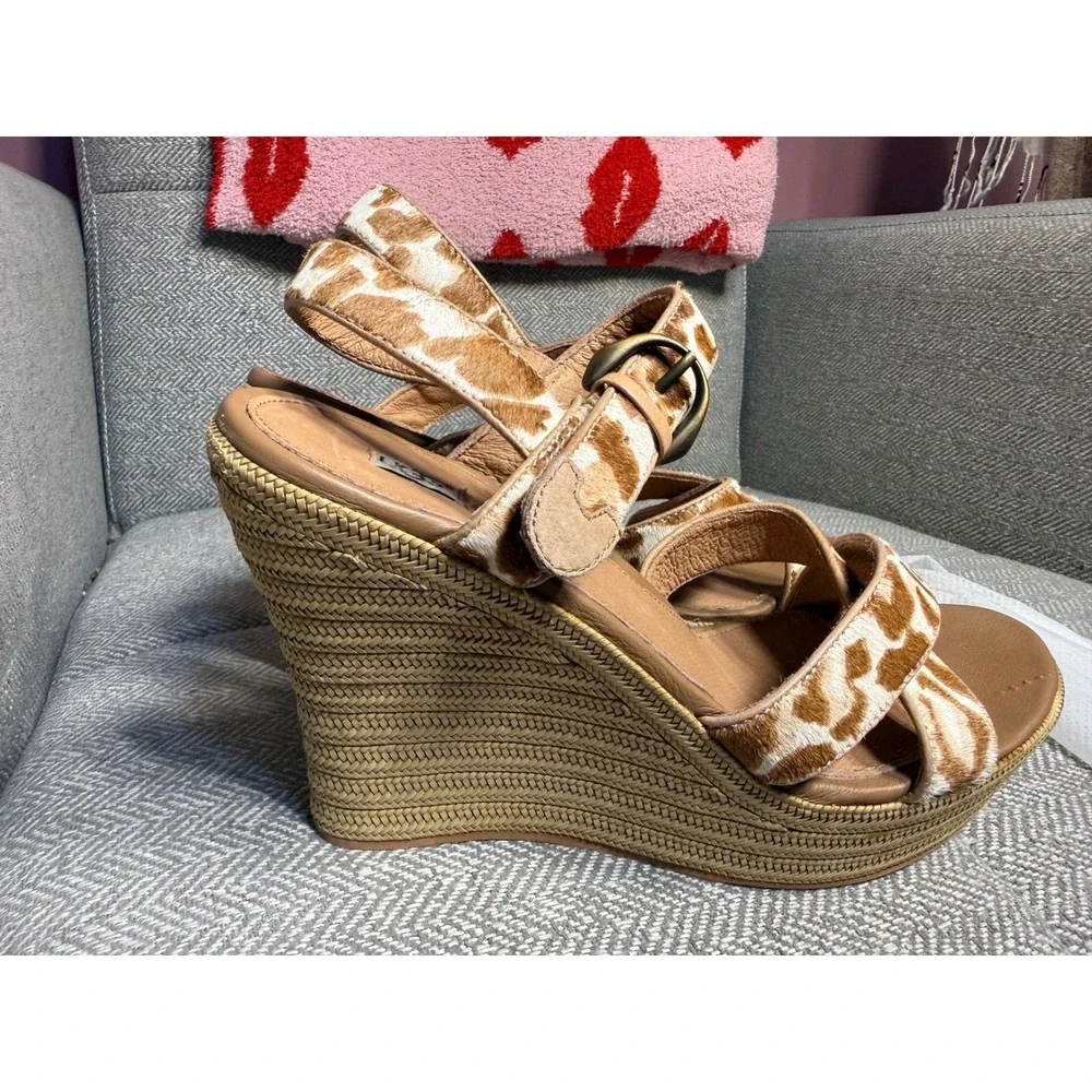 Ugg Lucianna Giraffe Print Calf Hair Espadrille Wedge Sandals‎ Brown 10